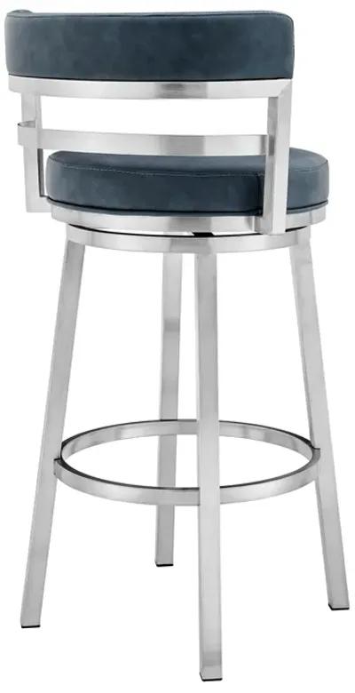 Madrid 26" Counter Height Swivel Blue Faux Leather and Brushed Stainless Steel Bar Stool