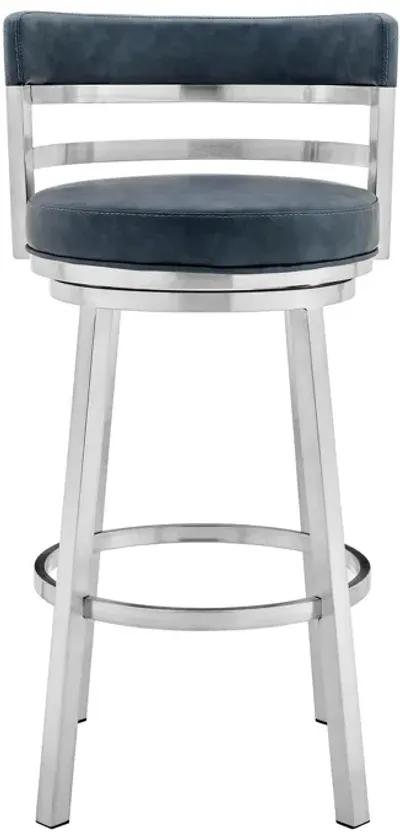 Madrid 26" Counter Height Swivel Blue Faux Leather and Brushed Stainless Steel Bar Stool