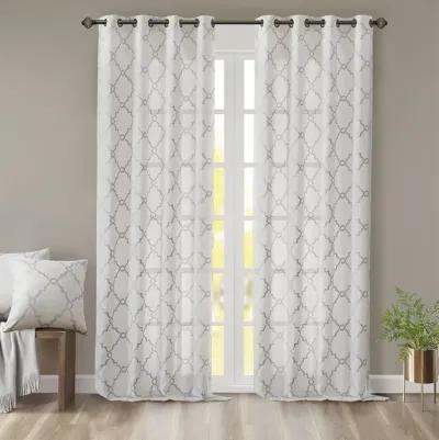 Madison Park Saratoga Ivory/Grey Fretwork Print Grommet Top Window Curtain Panel