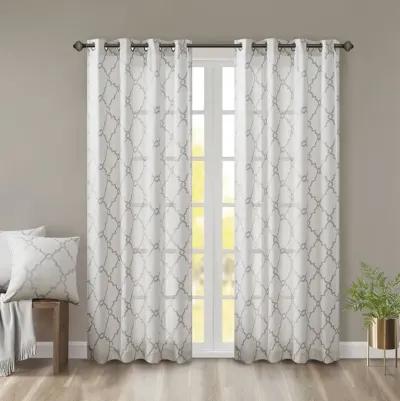 Madison Park Saratoga Ivory/Grey Fretwork Print Grommet Top Window Curtain Panel