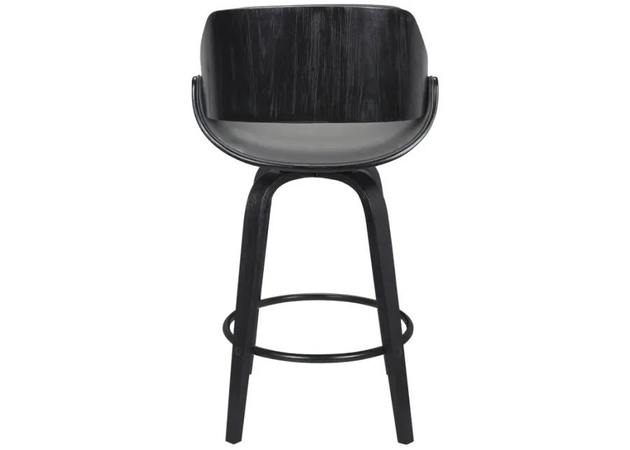 Mona 26" Counter Height Swivel Grey Faux Leather and Black Wood Bar Stool