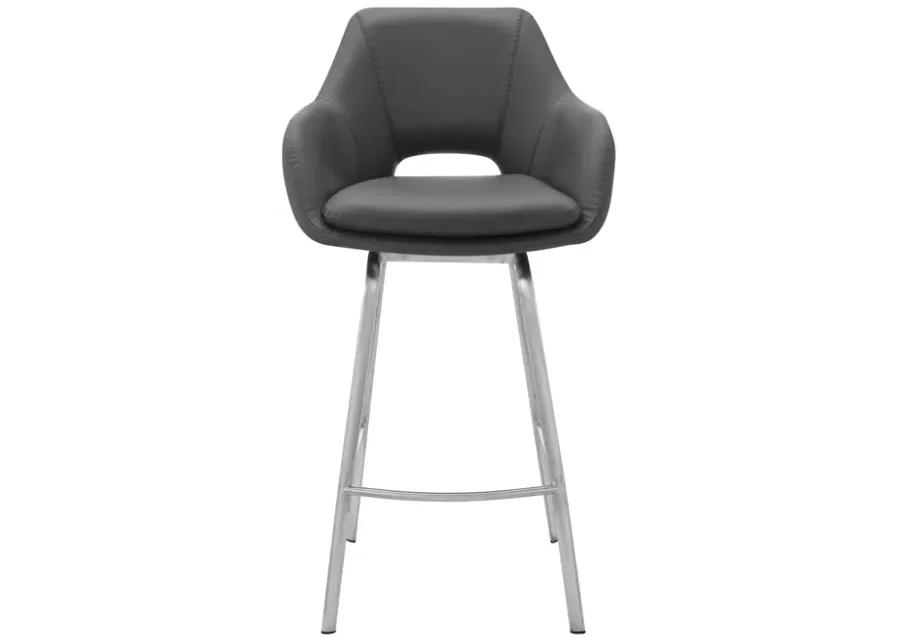 Aura Gray Faux Leather and Brushed Stainless Steel Swivel 26" Counter Stool