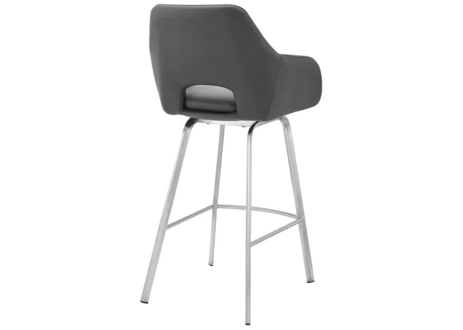 Aura Gray Faux Leather and Brushed Stainless Steel Swivel 26" Counter Stool