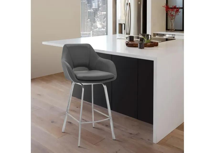 Aura Gray Faux Leather and Brushed Stainless Steel Swivel 26" Counter Stool