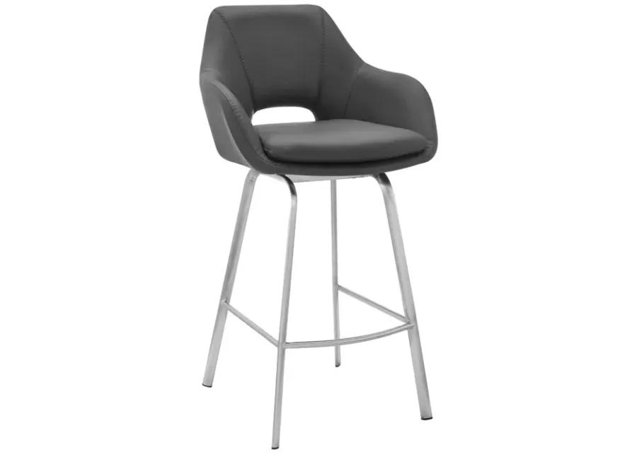 Aura Gray Faux Leather and Brushed Stainless Steel Swivel 26" Counter Stool