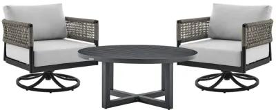 Felicia and Argiope 3 Piece Patio Outdoor Swivel Seating Set in Black Aluminum with Gray Rope and Cushions