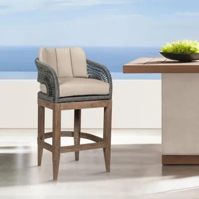 Orbit Outdoor Patio 26" Counter Stool in Weathered Eucalyptus Wood with Gray Rope and Taupe Olefin Cushions