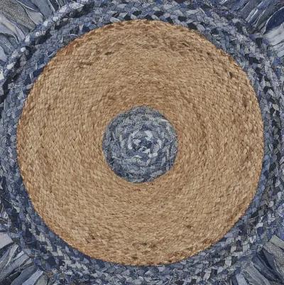 Nature Denim Blue/ Tan Bohemian Chindi Cotton Blend Indoor Round Area Rug 5'6"