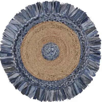 Nature Denim Blue/ Tan Bohemian Chindi Cotton Blend Indoor Round Area Rug 5'6"