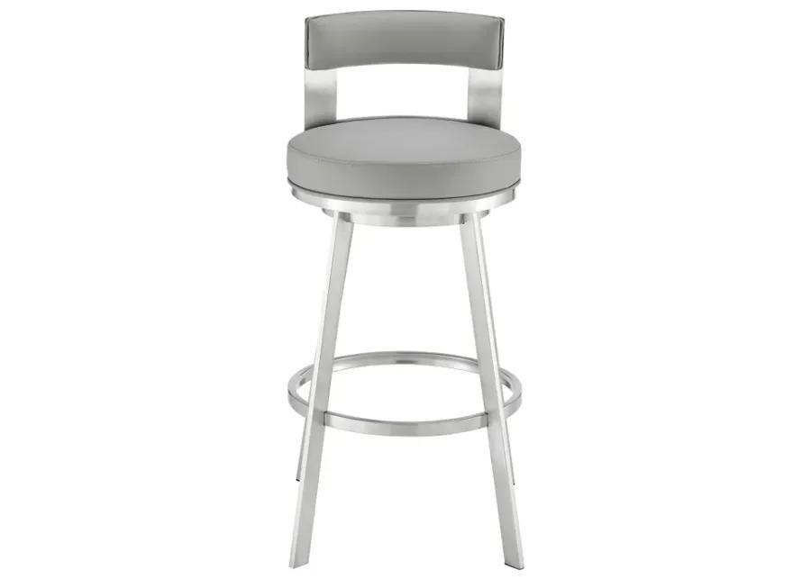 Flynn 30" Swivel Bar Stool in Brushed Stainless Steel with Light Gray Faux Leather