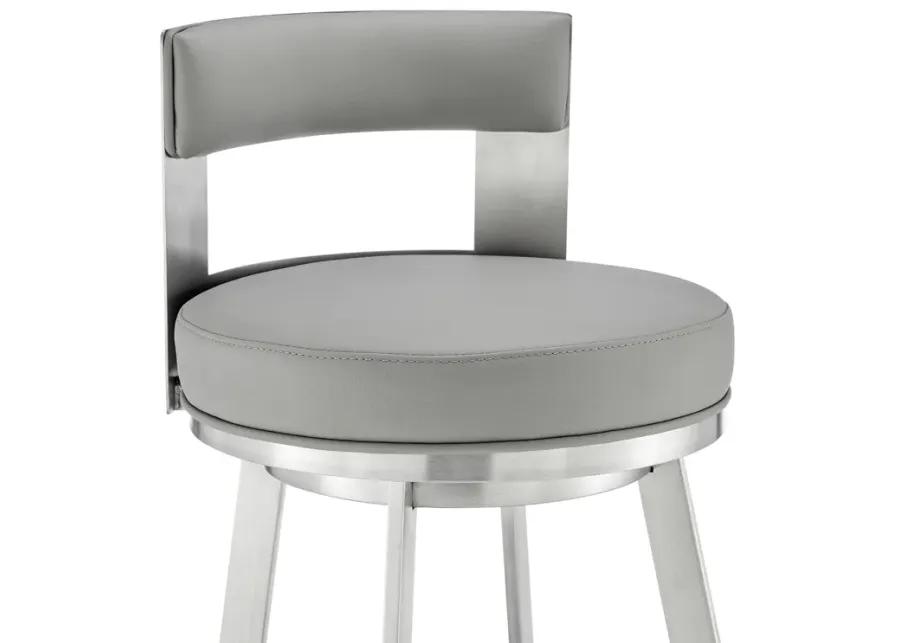 Flynn 30" Swivel Bar Stool in Brushed Stainless Steel with Light Gray Faux Leather