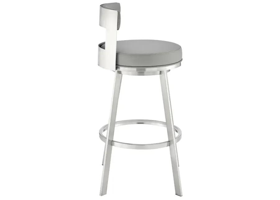 Flynn 30" Swivel Bar Stool in Brushed Stainless Steel with Light Gray Faux Leather