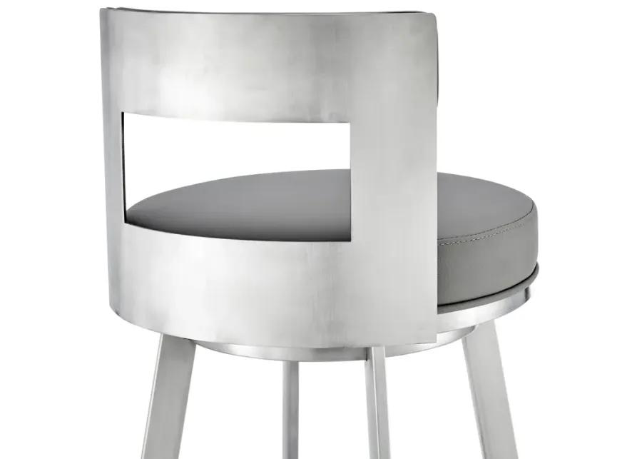 Flynn 30" Swivel Bar Stool in Brushed Stainless Steel with Light Gray Faux Leather