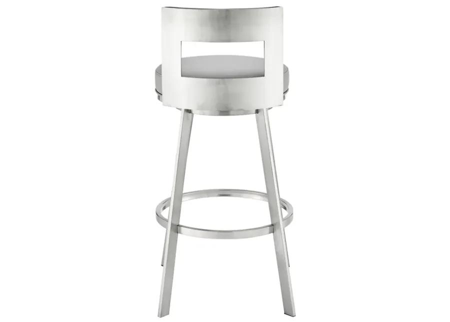 Flynn 30" Swivel Bar Stool in Brushed Stainless Steel with Light Gray Faux Leather