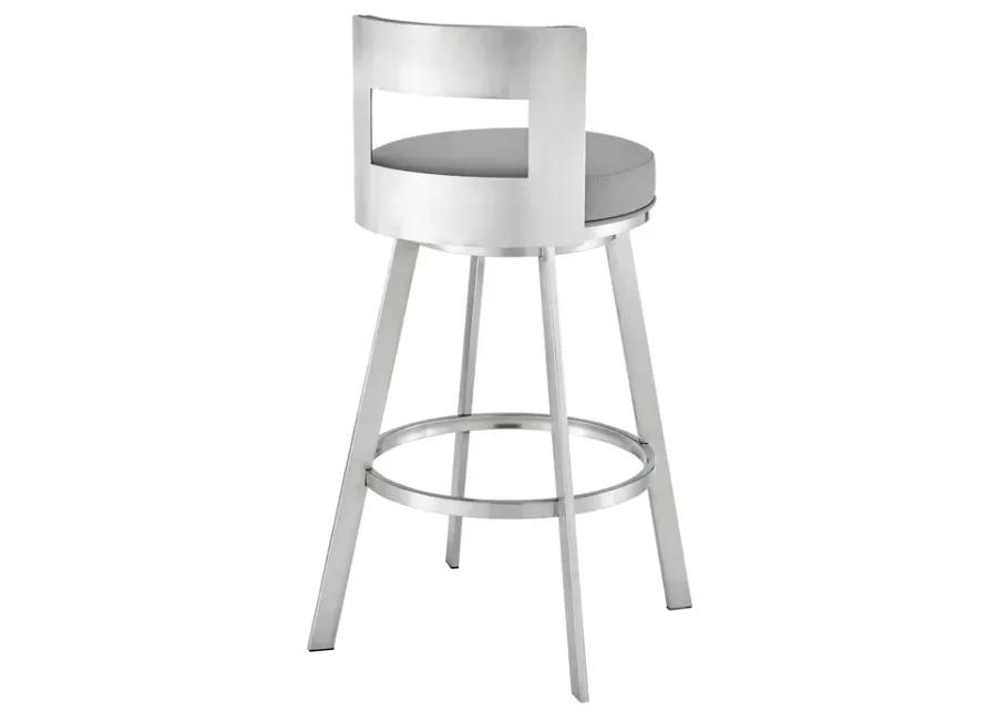 Flynn 30" Swivel Bar Stool in Brushed Stainless Steel with Light Gray Faux Leather