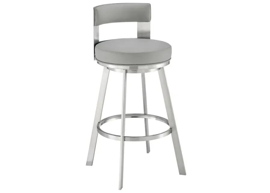 Flynn 30" Swivel Bar Stool in Brushed Stainless Steel with Light Gray Faux Leather