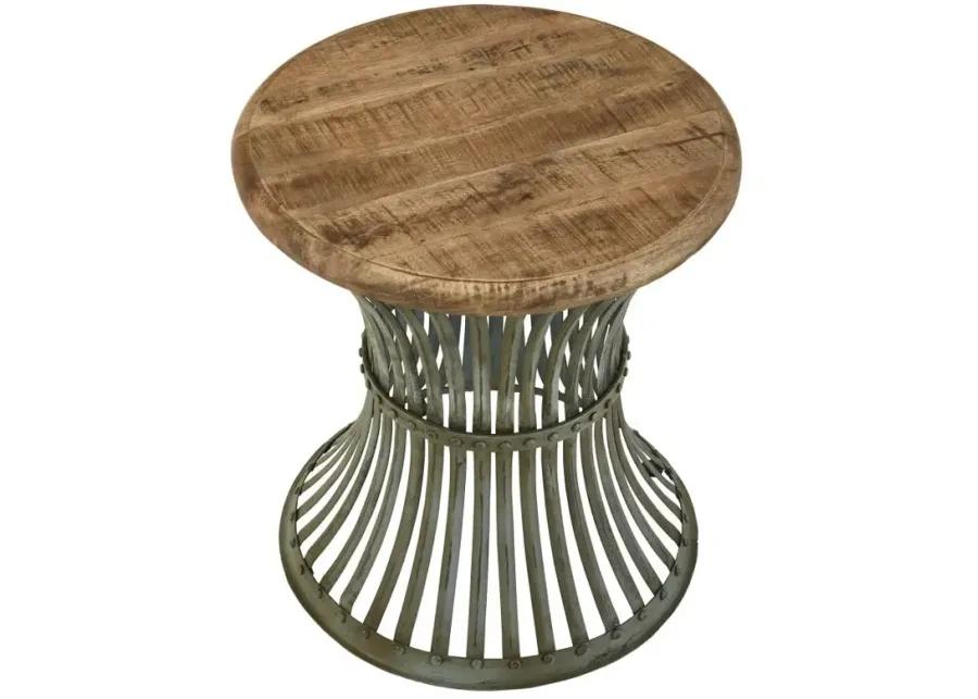 Matyas Round Accent Table with Natural Top and Blue Distressed Base