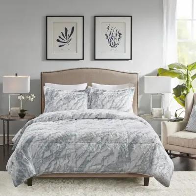 Madison Park Lana Grey/Blue Marble Faux Fur Comforter Set