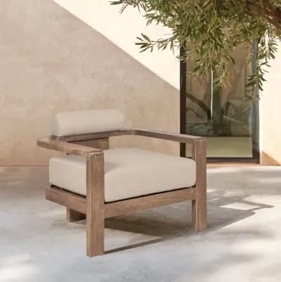 Relic Outdoor Patio Chair in Weathered Eucalyptus Wood with Taupe Olefin Cushions