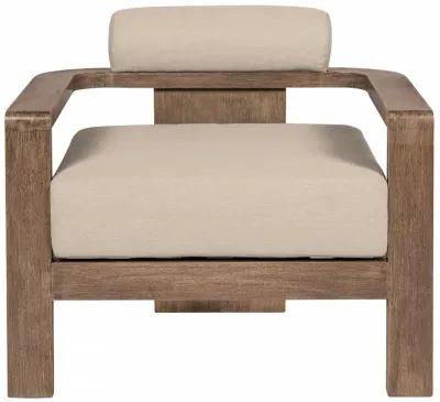 Relic Outdoor Patio Chair in Weathered Eucalyptus Wood with Taupe Olefin Cushions