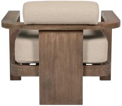 Relic Outdoor Patio Chair in Weathered Eucalyptus Wood with Taupe Olefin Cushions