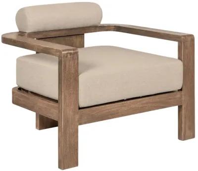 Relic Outdoor Patio Chair in Weathered Eucalyptus Wood with Taupe Olefin Cushions