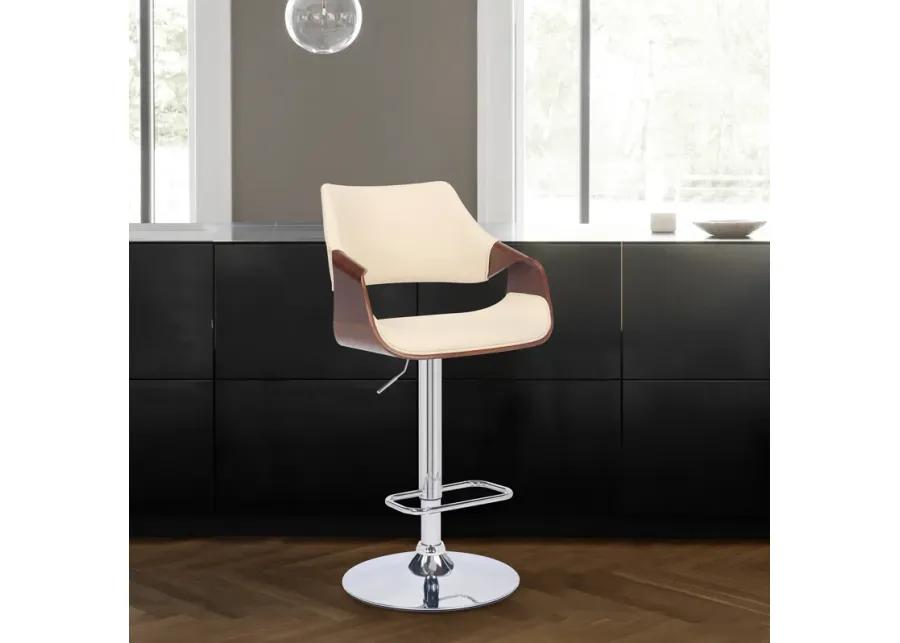 Aspen Adjustable Swivel Cream Faux Leather and Walnut Wood Bar Stool with Chrome Base