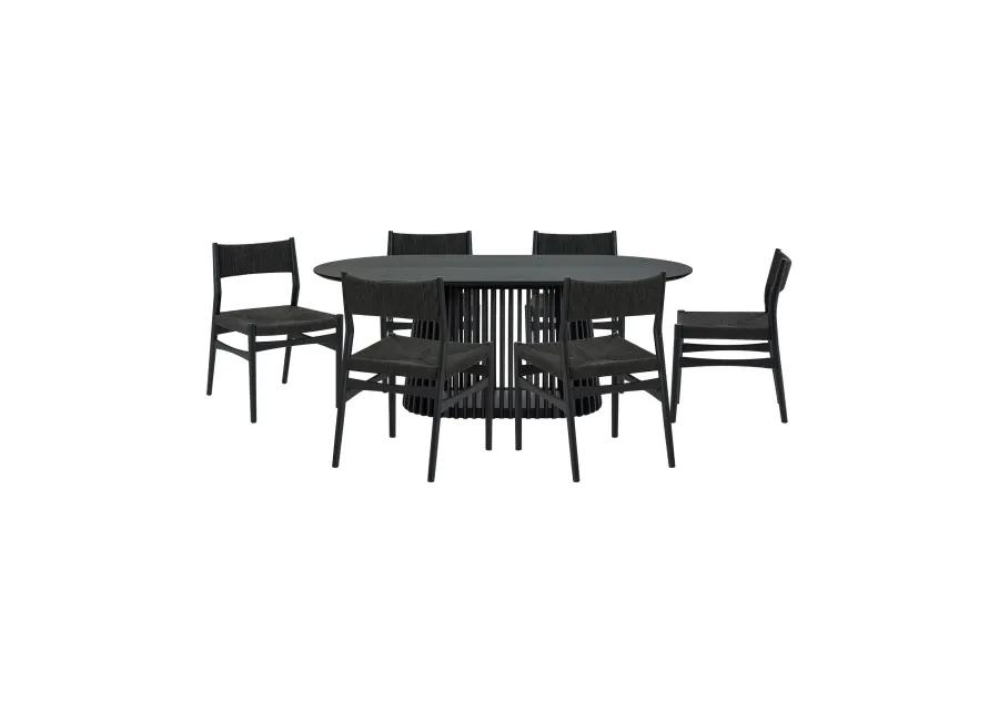 Pasadena Erie 7 Piece Oval Dining Set in Black Oak Finish with Black Paper Cord Chairs