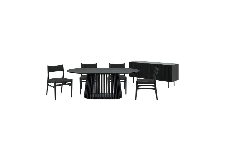 Pasadena Erie 6 Piece Oval Dining Set with Buffet in Black Oak Finish with Black Paper Cord Chairs