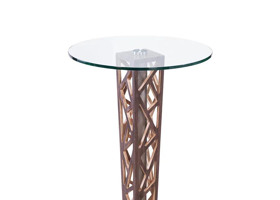 Crystal Bar Table with Walnut Veneer column and Brushed Stainless Steel finish with Clear Tempered Glass Top