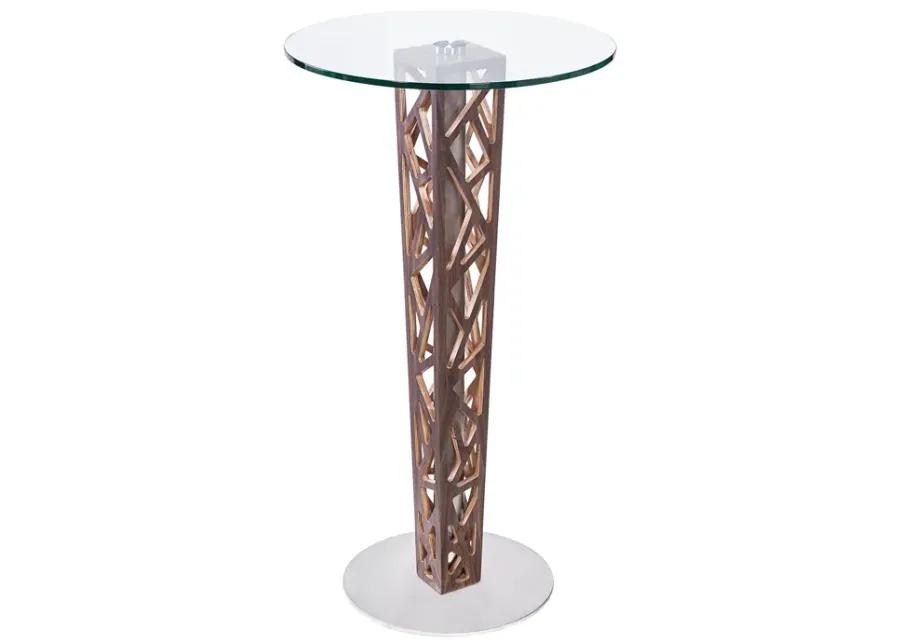 Crystal Bar Table with Walnut Veneer column and Brushed Stainless Steel finish with Clear Tempered Glass Top