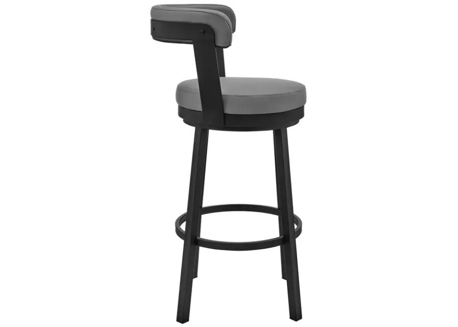 Kobe 30" Bar Height Swivel Bar Stool in Black Finish and Gray Faux Leather