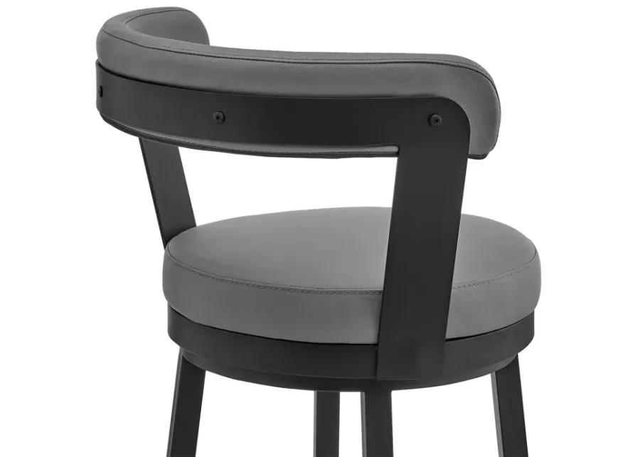 Kobe 30" Bar Height Swivel Bar Stool in Black Finish and Gray Faux Leather