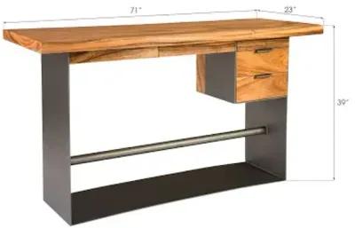 iron frame standing desk with drawers, chamcha wood, natural, bar height