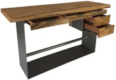 iron frame standing desk with drawers, chamcha wood, natural, bar height