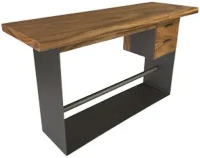 iron frame standing desk with drawers, chamcha wood, natural, bar height