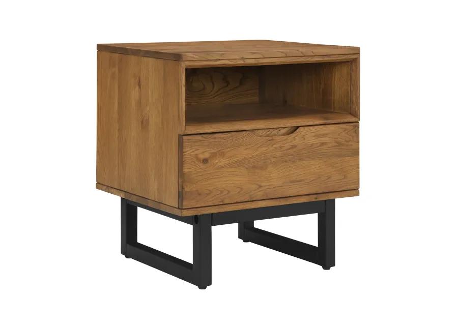 Aldo 1 Drawer Nightstand in Brown Oak Wood with Black Metal Legs