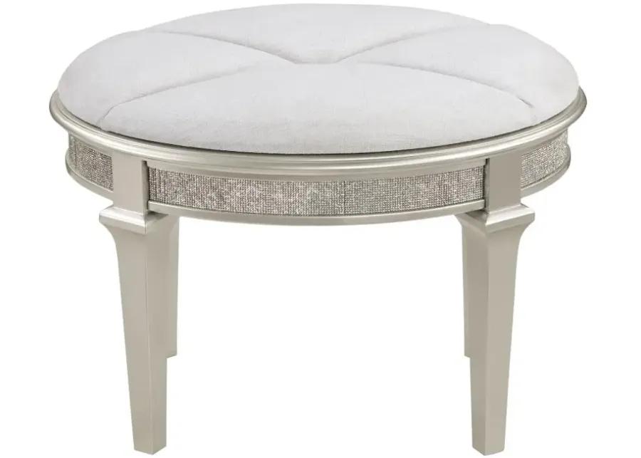 Evangeline Oval Vanity Stool with Faux Diamond Trim Silver and Ivory