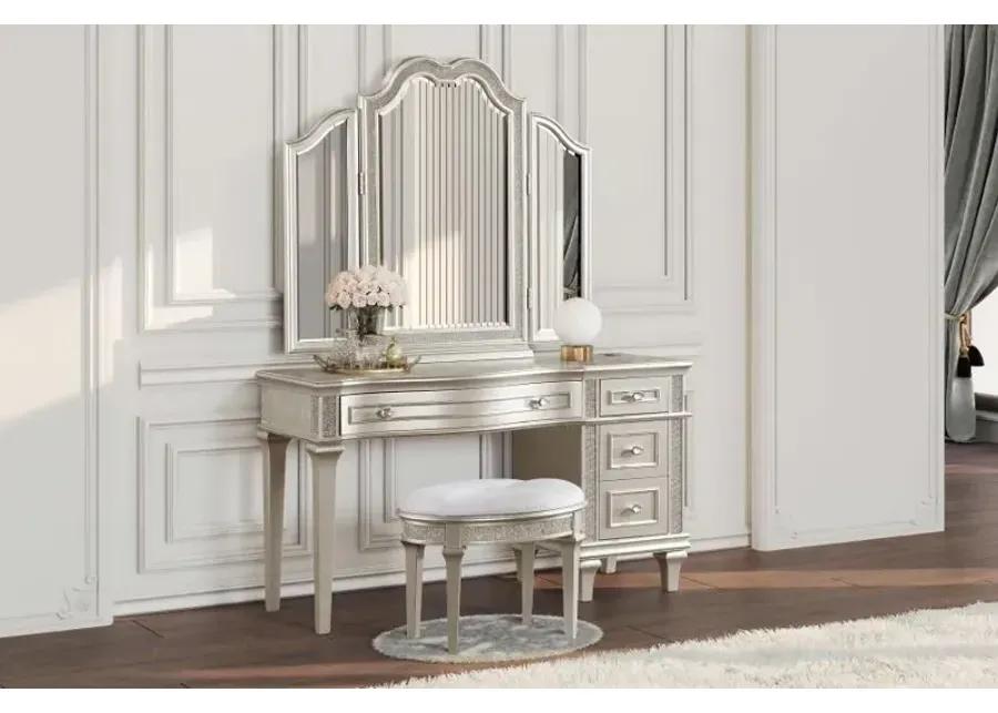 Evangeline Oval Vanity Stool with Faux Diamond Trim Silver and Ivory