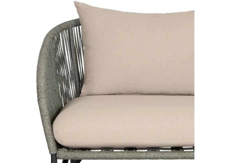 Benicia Outdoor Patio Chair in Black Steel with Gray Rope and Taupe Olefin Cushions