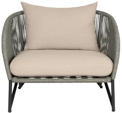 Benicia Outdoor Patio Chair in Black Steel with Gray Rope and Taupe Olefin Cushions