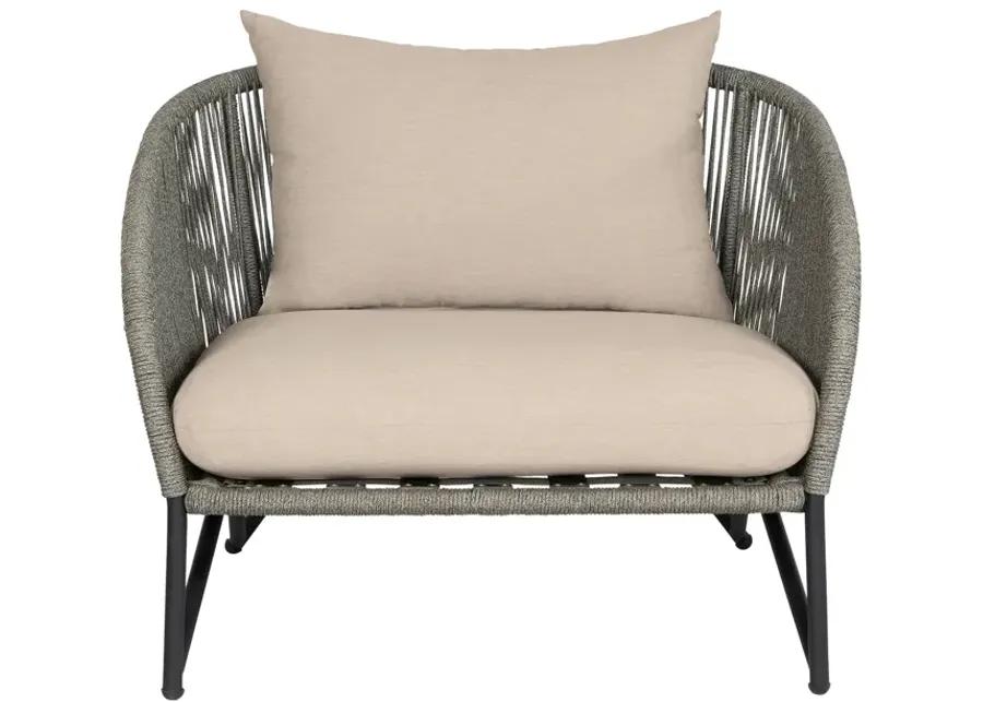 Benicia Outdoor Patio Chair in Black Steel with Gray Rope and Taupe Olefin Cushions