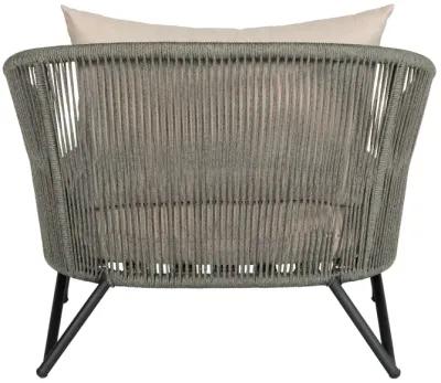 Benicia Outdoor Patio Chair in Black Steel with Gray Rope and Taupe Olefin Cushions