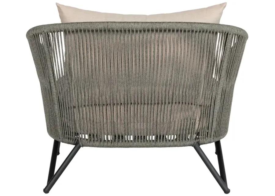 Benicia Outdoor Patio Chair in Black Steel with Gray Rope and Taupe Olefin Cushions