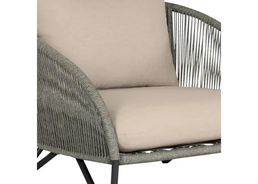 Benicia Outdoor Patio Chair in Black Steel with Gray Rope and Taupe Olefin Cushions