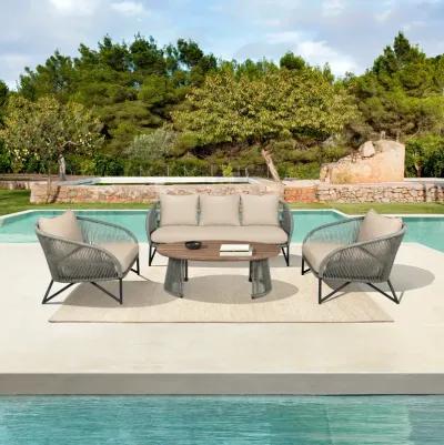 Benicia Outdoor Patio Chair in Black Steel with Gray Rope and Taupe Olefin Cushions