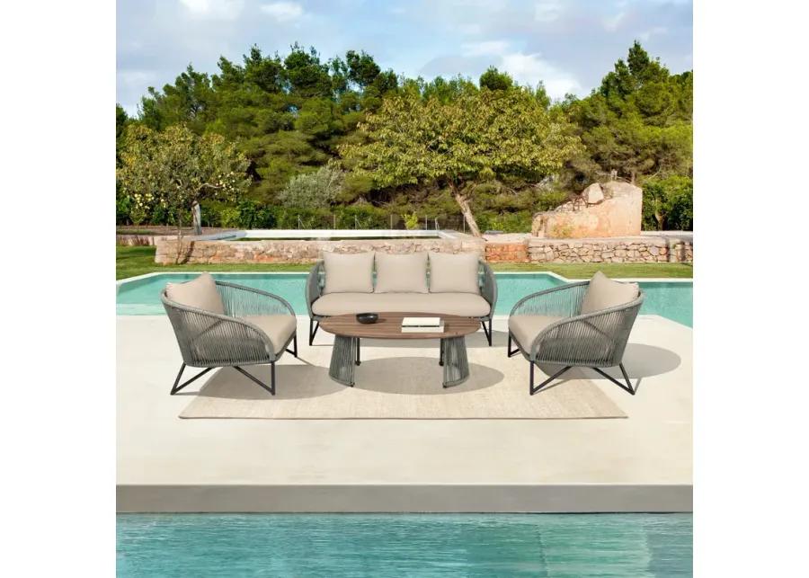 Benicia Outdoor Patio Chair in Black Steel with Gray Rope and Taupe Olefin Cushions