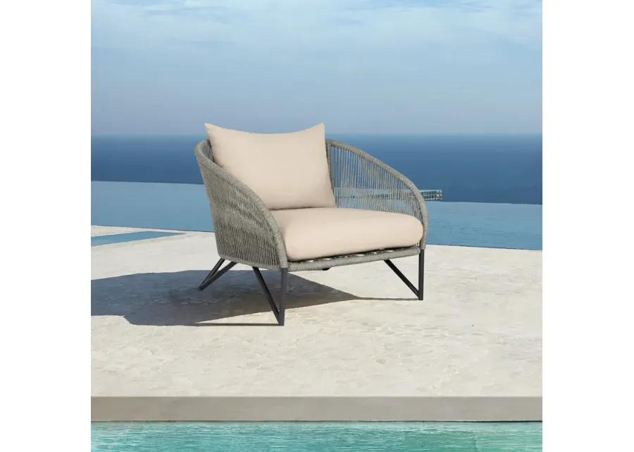 Benicia Outdoor Patio Chair in Black Steel with Gray Rope and Taupe Olefin Cushions