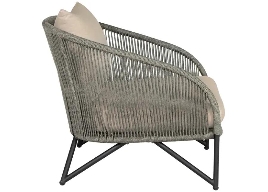 Benicia Outdoor Patio Chair in Black Steel with Gray Rope and Taupe Olefin Cushions