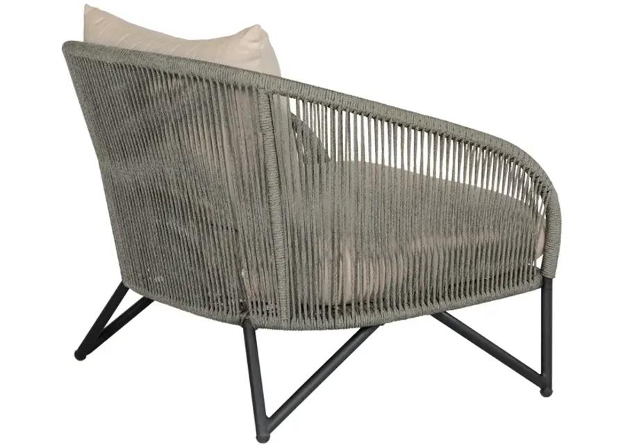 Benicia Outdoor Patio Chair in Black Steel with Gray Rope and Taupe Olefin Cushions